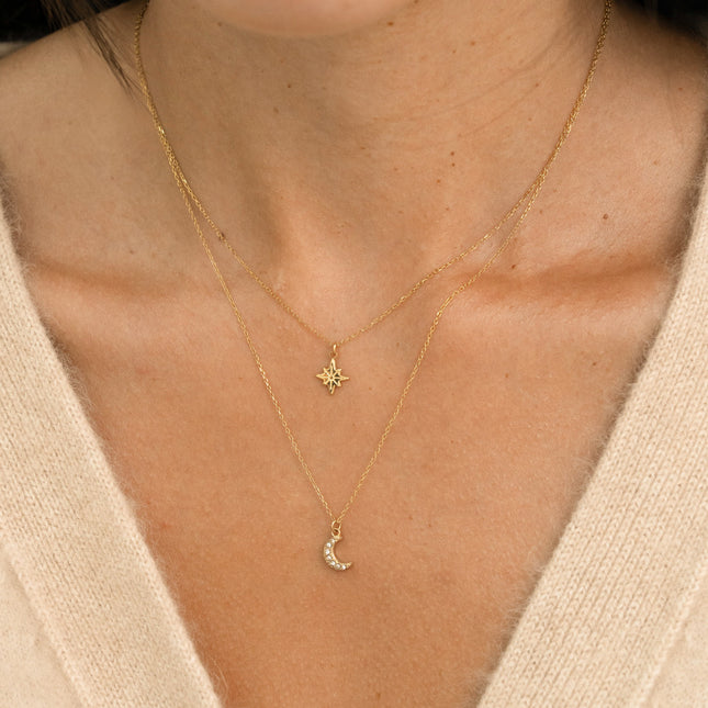 Collier - 2 rangs, maille émaillée, étoile du Nord et lune ornée d'oxydes de zirconium
