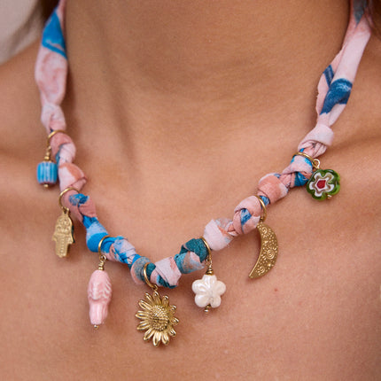 Fabric necklace - unique designs with charms (hand, flower, moon, fish, flowers) and glazed ceramic