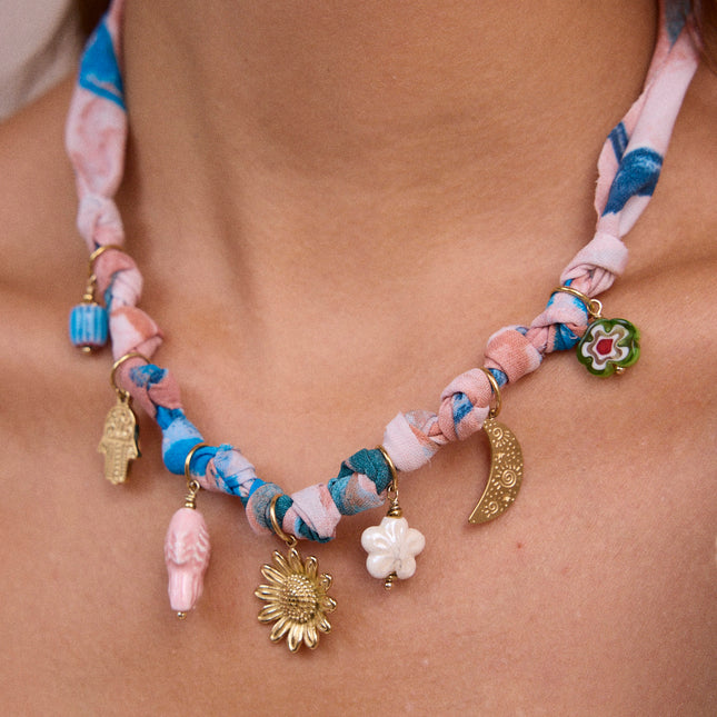 Fabric necklace - unique designs with charms (hand, flower, moon, fish, flowers) and glazed ceramic