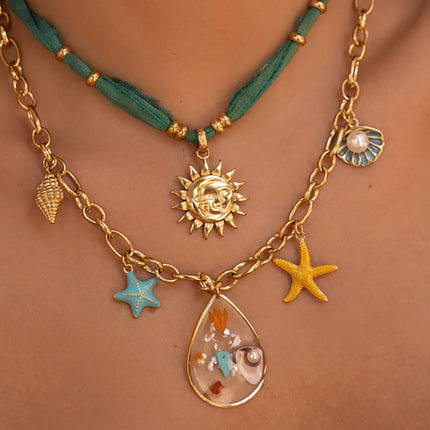 Collier en tissu Aquarela - motifs et pampille soleil souriant