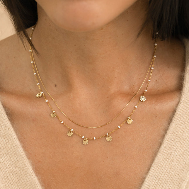 Necklace - 2 strands, fine snake chain and chain with enamel beads and textured round tassels