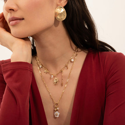 Collier Isméria - maille avec breloques (soleil, coeur, lune, oiseau, perles d'eau douce et cristal)