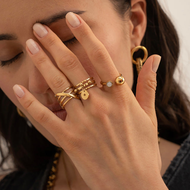 Bague Amaya - 3 anneaux, boules et pampille ronde avec étoile ajourée