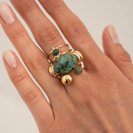 Bague Cléo - 2 anneaux, oxydes de zirconium et pierre naturelle ovale