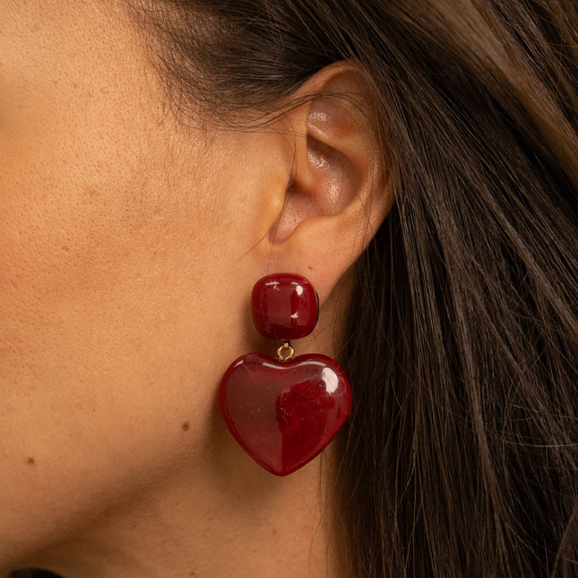 Boucles pendantes - cabochon carré et coeur en résine
