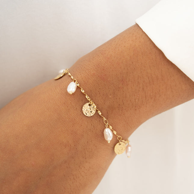 Bracelet - hammered tassels and white resin beads
