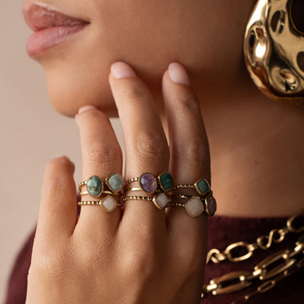 Bague Gaïa - 3 anneaux effet milgrain et 3 pierres naturelles carrées et ovale