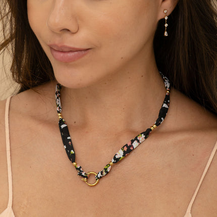 Necklace on ribbon - fabric, toggle clasp with 3 pendants: textured heart, cut stone and star