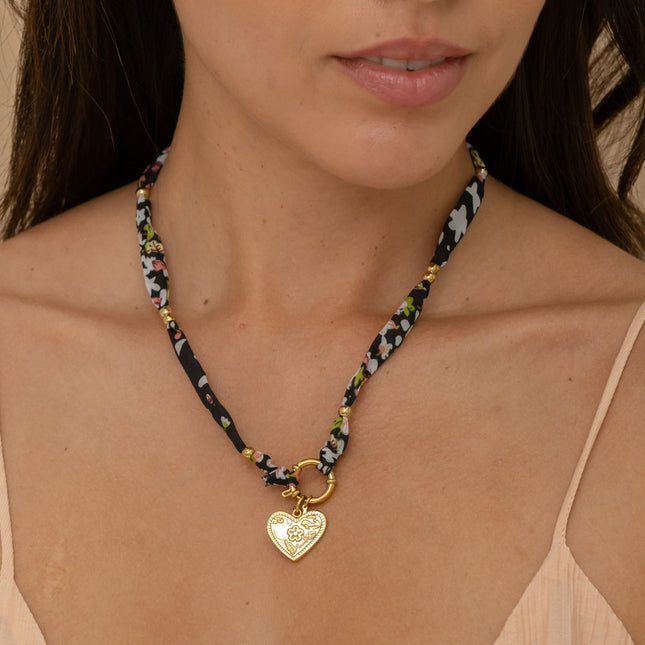 Necklace on ribbon - fabric, toggle clasp with 3 pendants: textured heart, cut stone and star