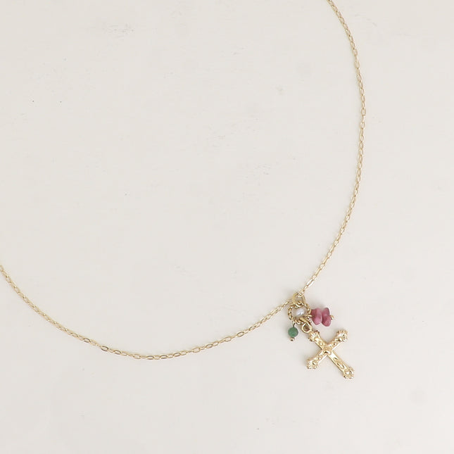 Necklace - Religious cross, natural stones