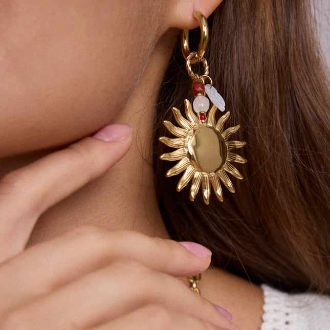Creole earrings - sunburst, mother-of-pearl leaf, natural stones