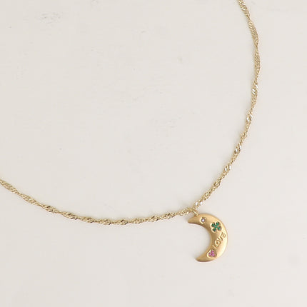 Collier - maille torsadée, "LOVE", croissant de lune, étoile, trèfle, coeur avec oxydes de zirconium