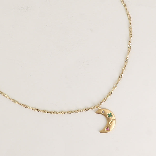 Collier - maille torsadée, "LOVE", croissant de lune, étoile, trèfle, coeur avec oxydes de zirconium