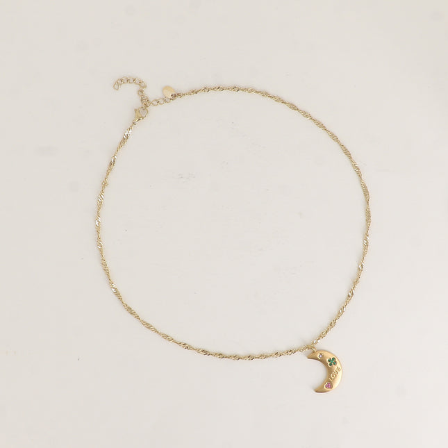 Collier - maille torsadée, "LOVE", croissant de lune, étoile, trèfle, coeur avec oxydes de zirconium