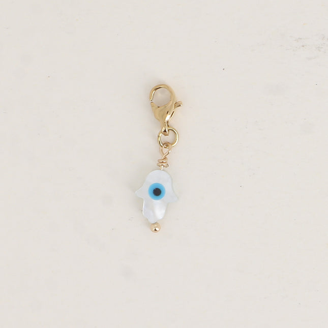 Charm - mother-of-pearl Hamsa hand and enameled eye