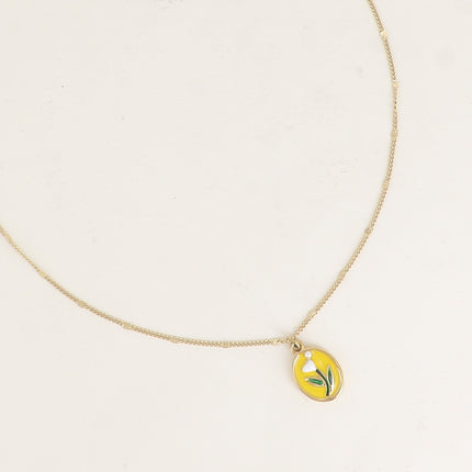 Collier - pendentif ovale avec une fleur émaillée