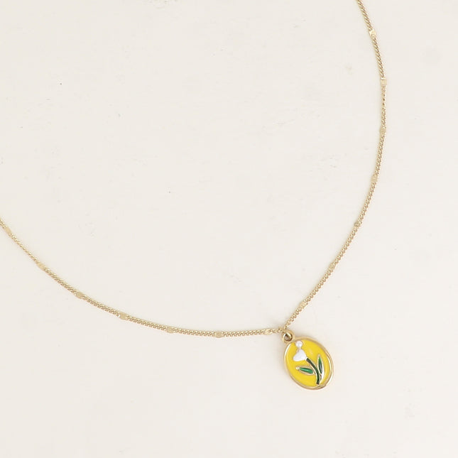Collier - pendentif ovale avec une fleur émaillée