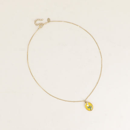 Collier - pendentif ovale avec une fleur émaillée