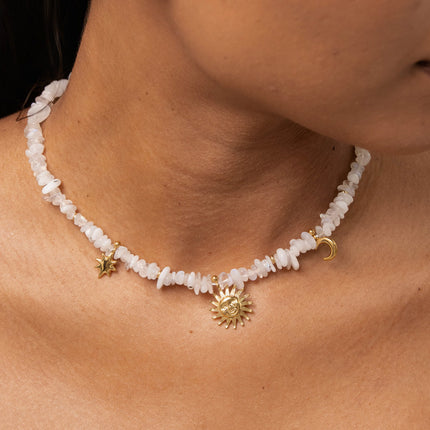 Necklace on a thread - natural stones and star, sun and moon pendants