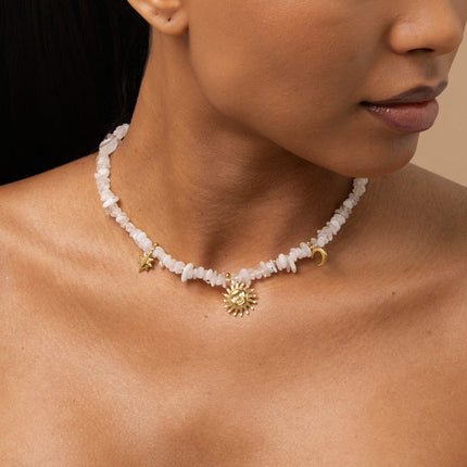 Necklace on a thread - natural stones and star, sun and moon pendants