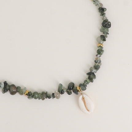 Collier sur fil - pierres naturelles et perles en acier inoxydable, cauri naturel