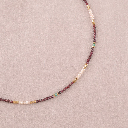 Elion wire necklace - natural stones, small freshwater pearls, and stainless steel beads