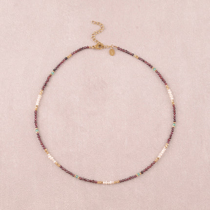 Elion wire necklace - natural stones, small freshwater pearls, and stainless steel beads