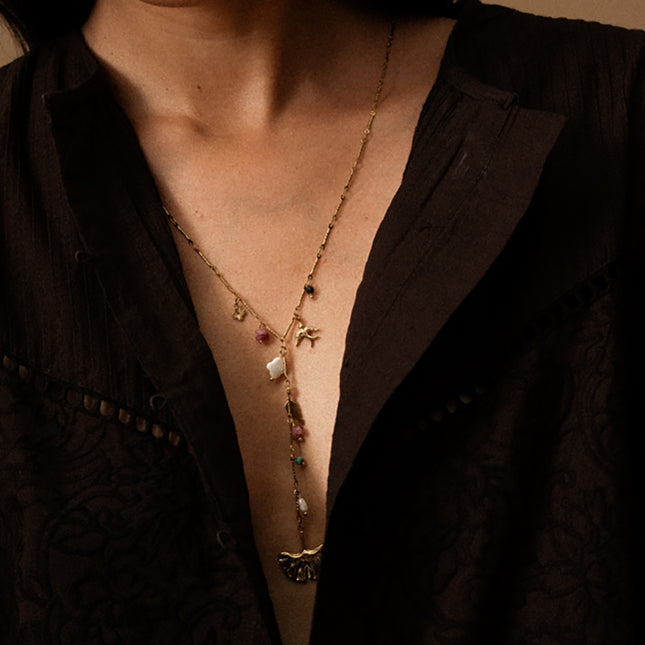 Y-shaped necklace - charms (ginko, natural stones, mother-of-pearl clover, leaf with cubic zirconia, bird)