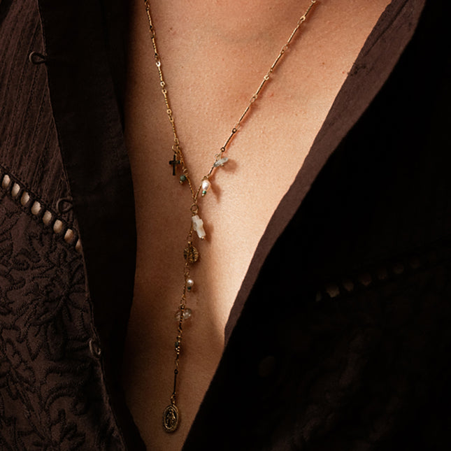 Y-shaped necklace - charms (Madonna, natural stones, mother-of-pearl cross, cross with cubic zirconia)