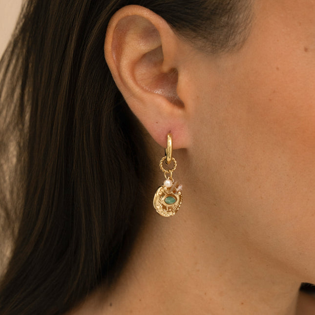 Creole earrings - twisted ring and charms (eye pendant with natural stone, freshwater pearl, natural stones)