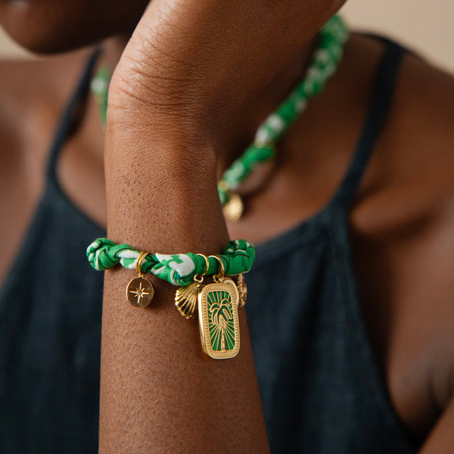 Bracelet Aventura - ruban et coquillage, étoile, soleil, plaquette palmier et émail