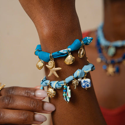 Azurea bracelet - ribbon, shells, cowrie, starfish