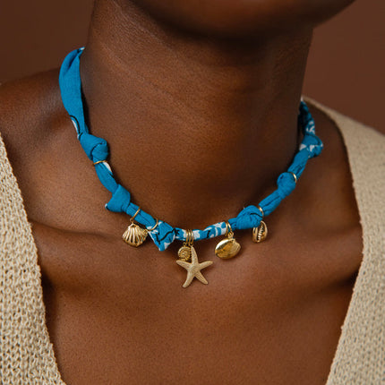 Collier Azurea - ruban, coquillages, cauri, étoile de mer