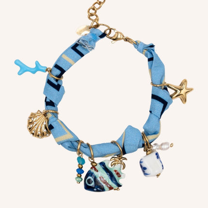 Bracelet Aqua - tissu, corail en émail, coquillage, perles, poisson en céramiques, palmier, perles d'eau douce, étoile de mer