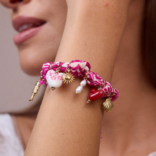 Bracelet - fabric, charms (ceramic, fish, hearts, resin and freshwater pearls)