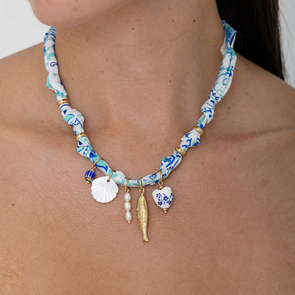 Necklace - ribbon fabric, enameled ceramic heart, mother-of-pearl shell, fish and freshwater pearls