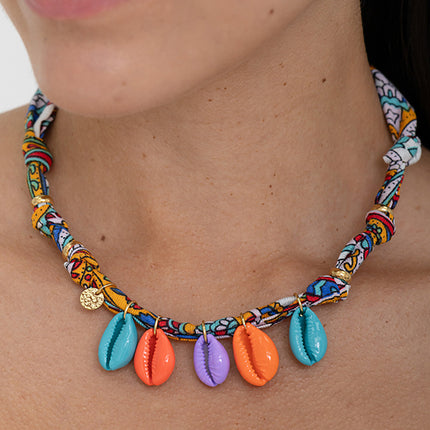 Necklace - ribbon fabric, colored enamel cowrie