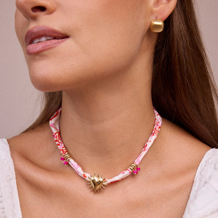 Necklace - ribbon fabric, fiery heart pendant and pearls