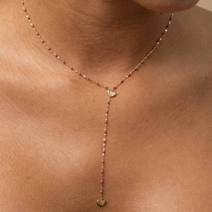 Y-shaped necklace - enameled chain and two textured hearts