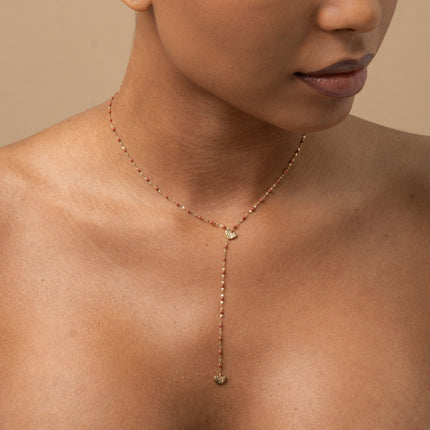 Y-shaped necklace - enameled chain and two textured hearts
