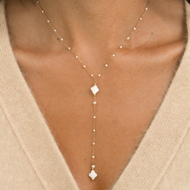 Collier Y - chaîne émaillée et trèfles nacrés