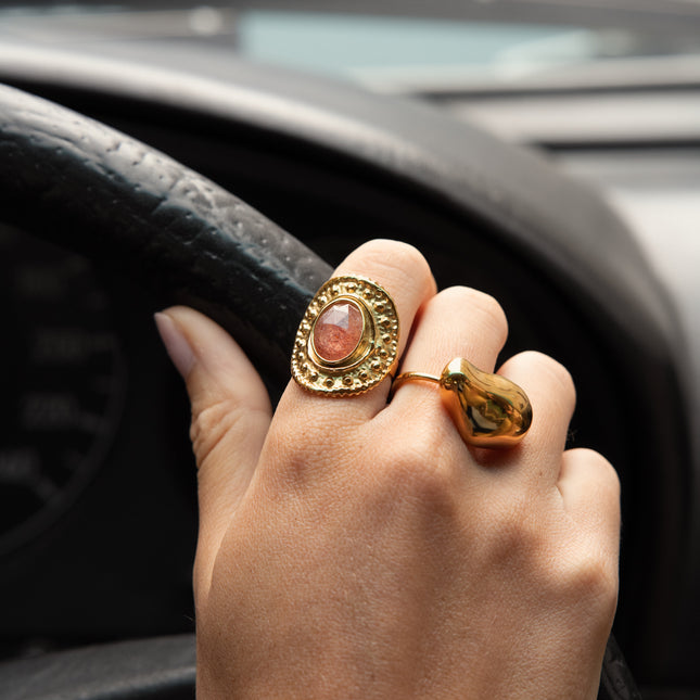 Wide ring - oval piece with dots and oval natural stone