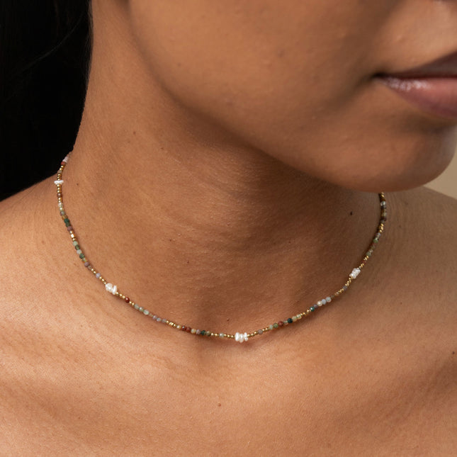 Cord necklace - stainless steel beads and natural stones