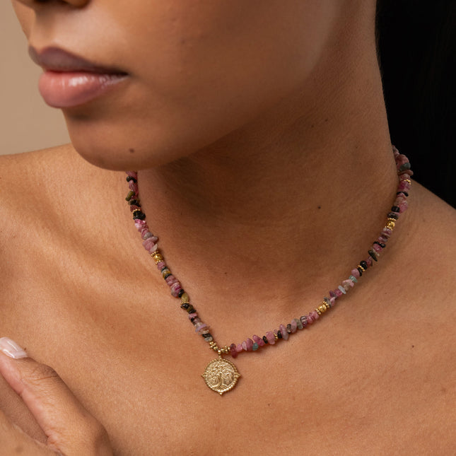 Necklace - natural stones and round pendant with tree of life