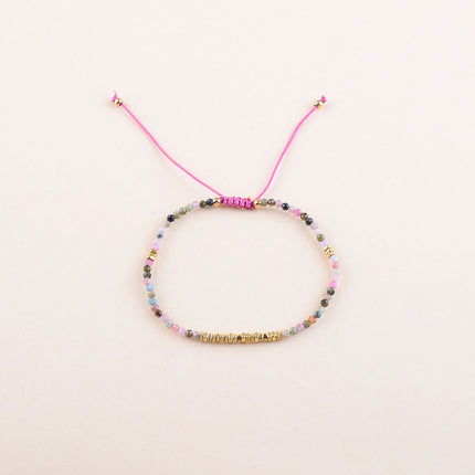 Bracelet - sur fil, fermoir coulissant, perles carrées en acier inoxydable et pierres naturelles