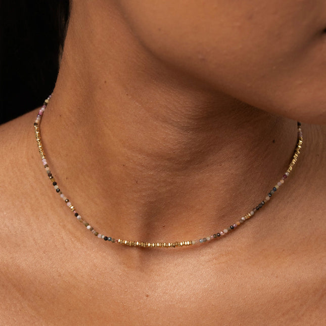 Necklace - on wire, sliding clasp, square stainless steel beads and natural stones