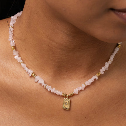 Necklace - natural stones, rectangular pendant with engraved star