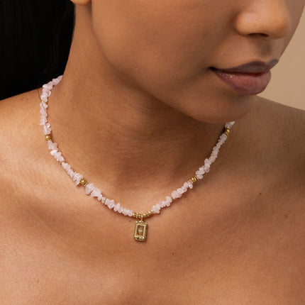 Necklace - natural stones, rectangular pendant with engraved star