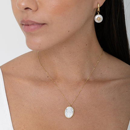 Necklace - oval locket and Mother of Pearl Madonna coin