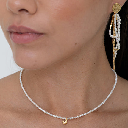 Necklace - heart pendant, stainless steel beads, and freshwater pearls